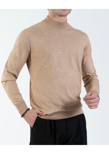 Italyan Stil Slim Fit Erkek Yarım Balıkçı Yaka Triko Kazak Camel T14878 fırsatları