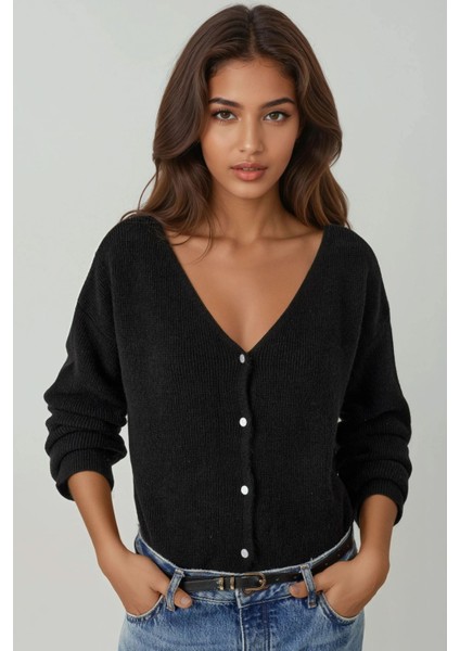Kadın Ultra Soft V-Yaka Düğmeli Çift Kullanımlı Triko Hırka Siyah