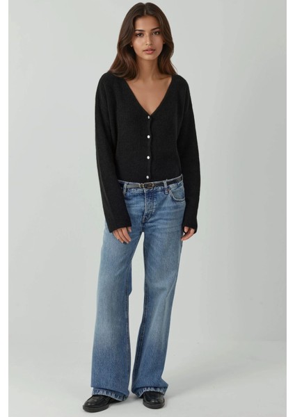 Kadın Ultra Soft V-Yaka Düğmeli Çift Kullanımlı Triko Hırka Siyah indirimleri