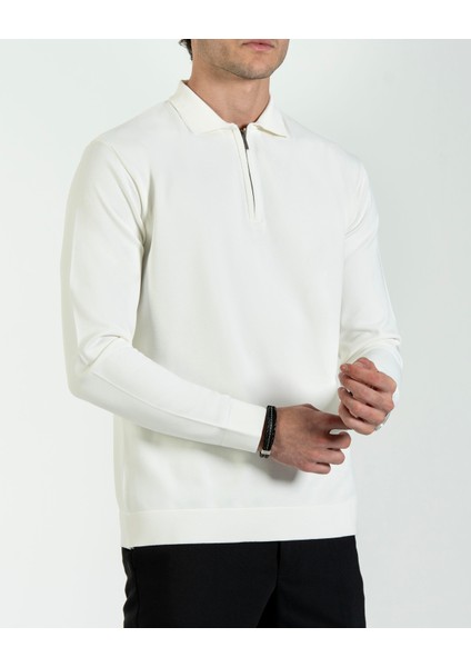 Italyan Stil Slim Fit Fermuarlı Polo Yaka Triko Kazak Beyaz T14509