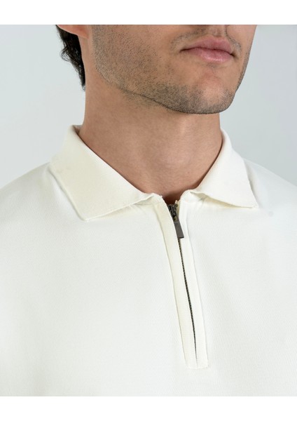Italyan Stil Slim Fit Fermuarlı Polo Yaka Triko Kazak Beyaz T14509 fiyatları