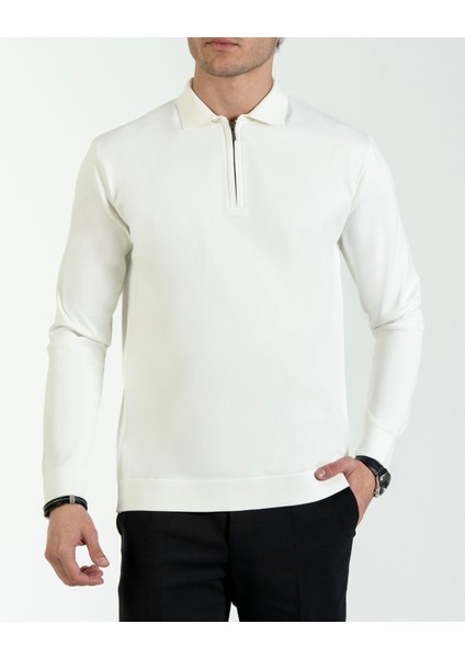 Italyan Stil Slim Fit Fermuarlı Polo Yaka Triko Kazak Beyaz T14509 fırsatları