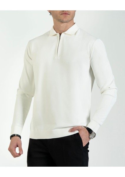 Italyan Stil Slim Fit Fermuarlı Polo Yaka Triko Kazak Beyaz T14509 indirimleri