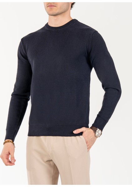 Italyan Stil Slim Fit Erkek Bisiklet Yaka Triko Kazak Lacivert T13120