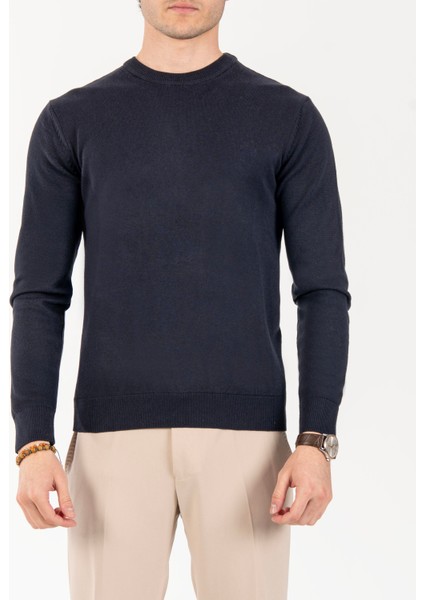 Italyan Stil Slim Fit Erkek Bisiklet Yaka Triko Kazak Lacivert T13120 fırsatları