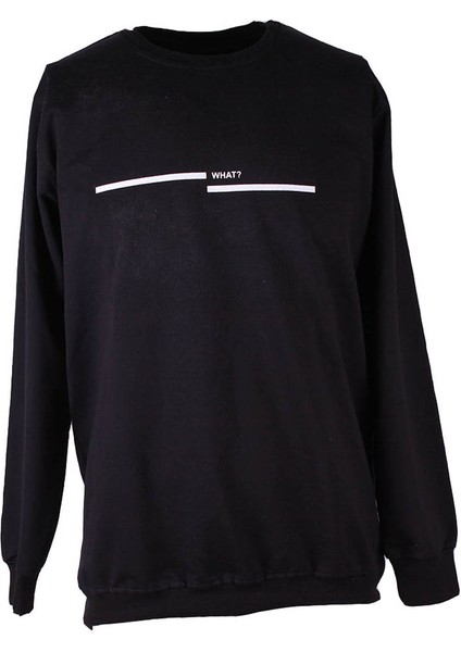 0 Yaka 2 Ip Siyah Erkek Sweatshirt What Baskı