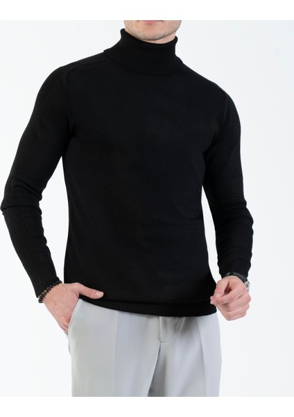 Italyan Stil Slim Fit Triko Balıkçı Yaka Boğazlı Kazak Siyah T13093