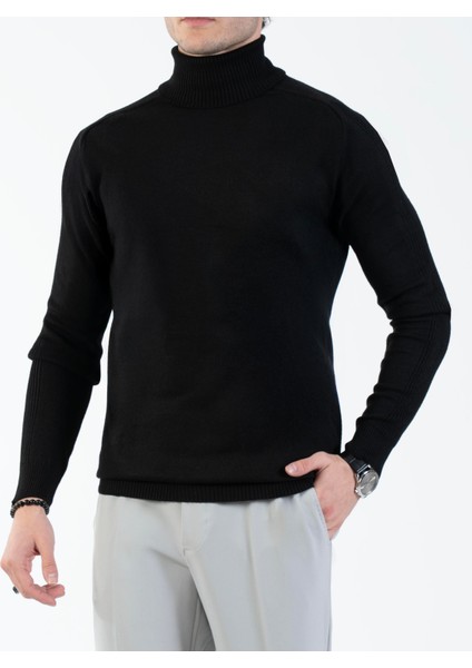 Italyan Stil Slim Fit Triko Balıkçı Yaka Boğazlı Kazak Siyah T13093 fırsatları