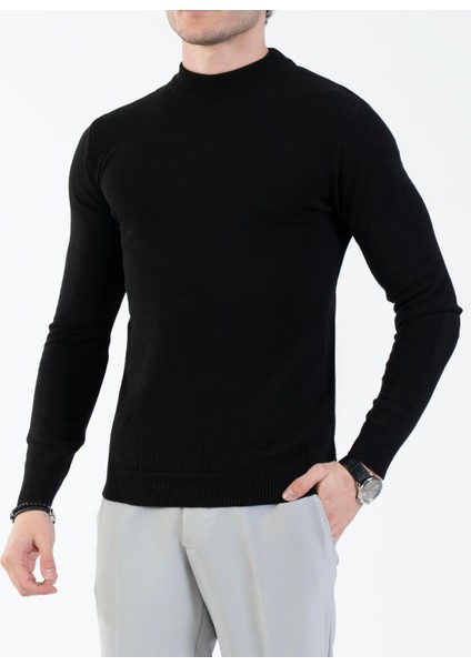 Italyan Stil Slim Fit Erkek Yarım Boğazlı Triko Kazak Siyah T13601