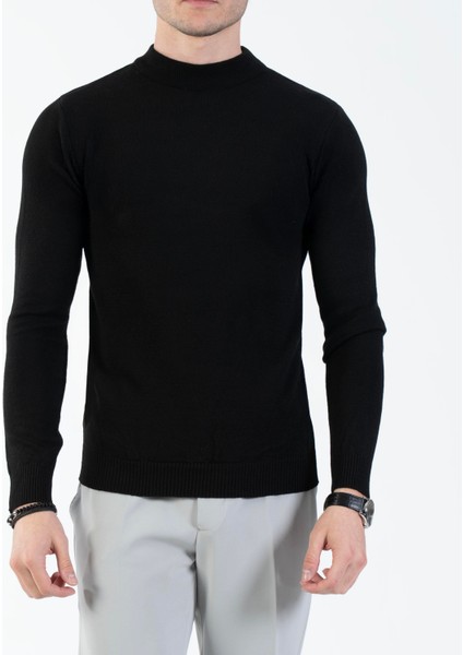 Italyan Stil Slim Fit Erkek Yarım Boğazlı Triko Kazak Siyah T13601 fırsatları