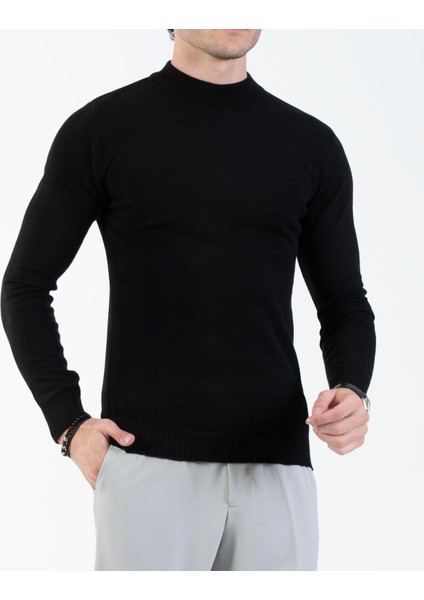 Italyan Stil Slim Fit Erkek Yarım Boğazlı Triko Kazak Siyah T13601 indirimleri