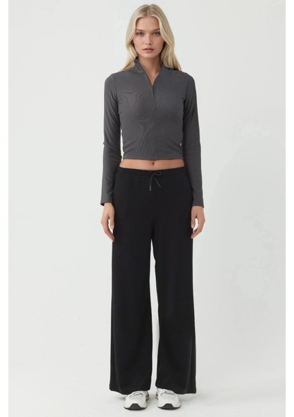 Kadın Esnek Bel Yumuşak Dokulu Palazzo Eşofman Altı Siyah