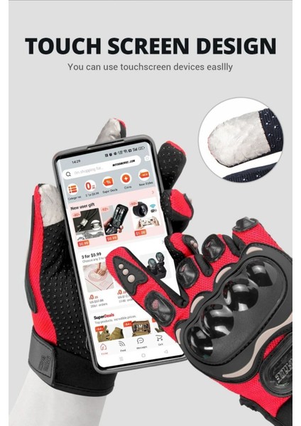 2025 Motosiklet Eldiveni Kırmızı 3 Mevsim Korumalı Dokunmatik Kaymaz Elastik Kumaş modelleri