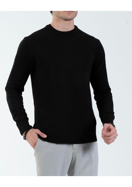 Italyan Stil Slim Fit Erkek Bisiklet Yaka Triko Kazak Siyah T13123