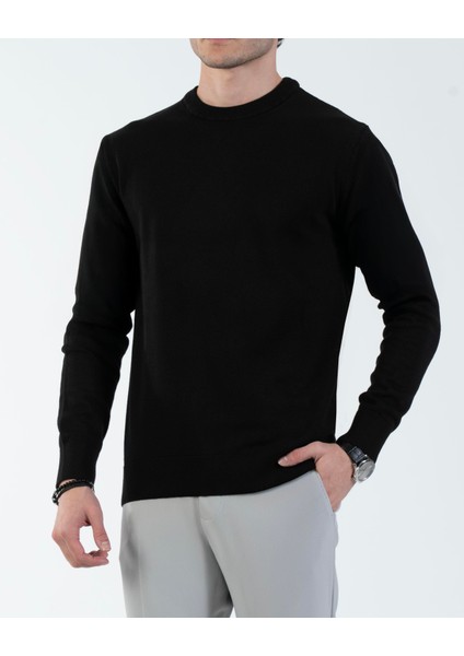 Italyan Stil Slim Fit Erkek Bisiklet Yaka Triko Kazak Siyah T13123 fırsatları