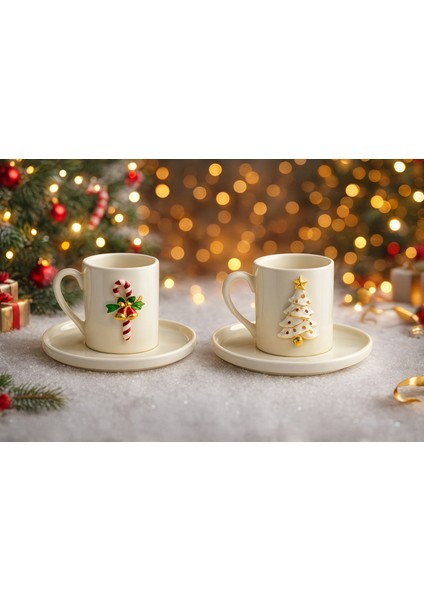 Beyaz Çam Ağacı ve Baston Aksesuarlı 2 Kişilik Derya Porselen Kahve Seti, Yılbaşı Hediyelik Fincan