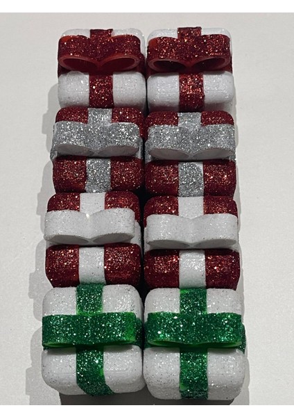 Yılbaşı Temalı Mini Hediye Paket Şeklinde Simli Parlak Ağaç Süsü 10 Adet modelleri