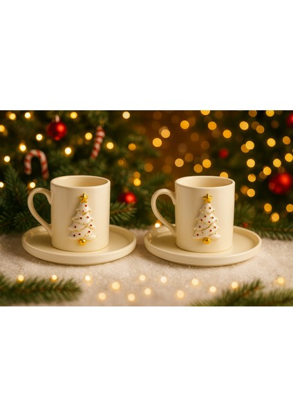 Beyaz Çam Ağacı Aksesuarlı 2 Kişilik Porselen Kahve Seti
