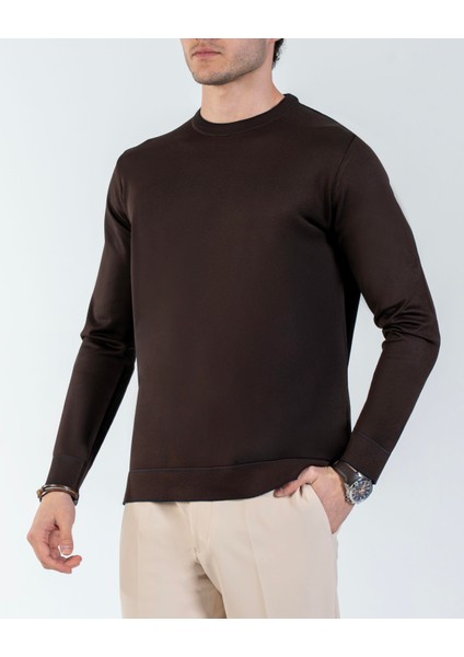 Italyan Stil Slim Fit Bisiklet Yaka Triko Kazak Kahverengi T14506