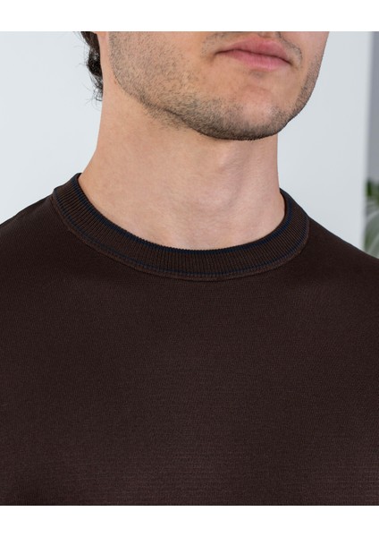 Italyan Stil Slim Fit Bisiklet Yaka Triko Kazak Kahverengi T14506 fiyatları