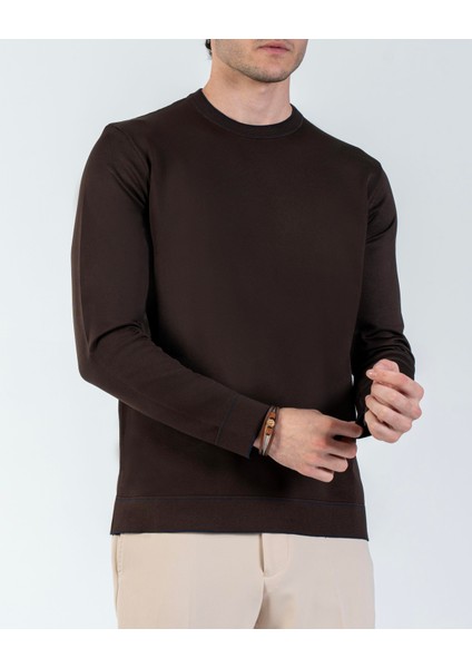 Italyan Stil Slim Fit Bisiklet Yaka Triko Kazak Kahverengi T14506 modelleri