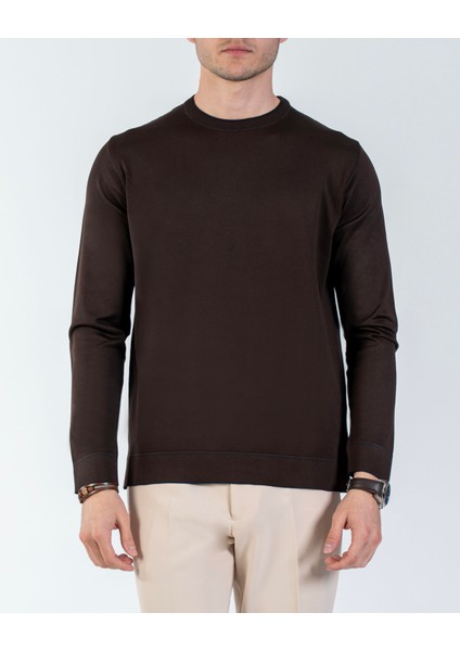 Italyan Stil Slim Fit Bisiklet Yaka Triko Kazak Kahverengi T14506 indirimleri