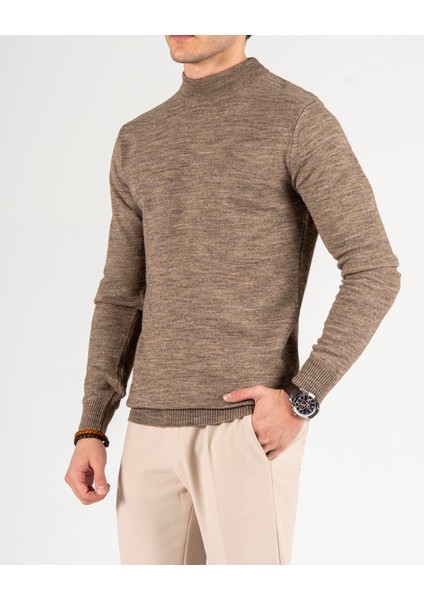 Italyan Stil Slim Fit Erkek Yarım Boğazlı Triko Kazak Kahverengi T13112
