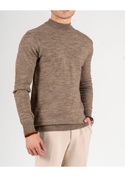 Italyan Stil Slim Fit Erkek Yarım Boğazlı Triko Kazak Kahverengi T13112 fırsatları