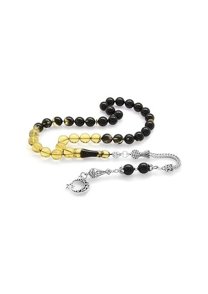 (Tesbihane) Kararmaz Metal Ayyıldız Püsküllü Küre Kesim Süzme Siyah-Beyaz Ateş Kehribar Tesbih