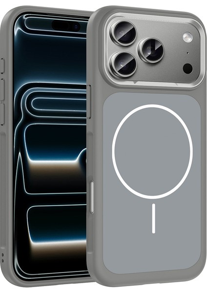 iPhone Uyumlu 17 Pro Max Kılıf M-Safe Şarj Özellikli Metal Kamera Çerçeveli Zore Sanremo Silikon Kapak-Gri