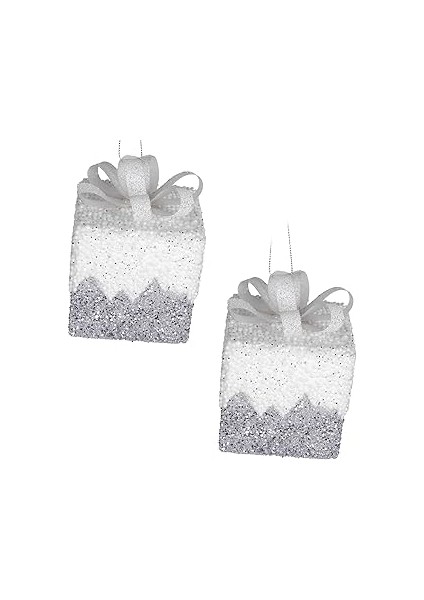 Herdekora Yılbaşı Süsü Hediye Paketi Simli Kurdelalı 2'li Paket Gümüş-Beyaz 8 Cm.