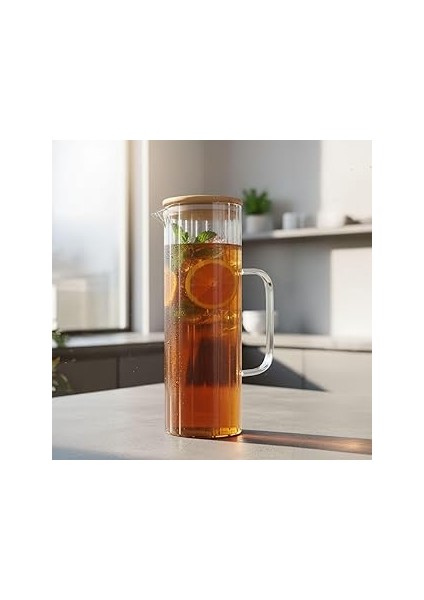 Deconox 1000ML Bambu Kapaklı Line Borosilikat Cam Yağlık & Sürahi – Şık, Dayanıklı ve Sağlıklı Sakl