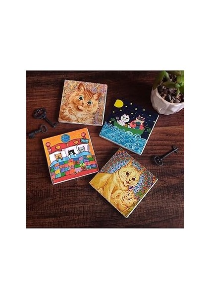 Pinecone Stone Kedi Taş Bardak Altlığı Seti - 4 Parça - Dekoratif, Rustik Mutfak Aksesuarı, 10X10 C