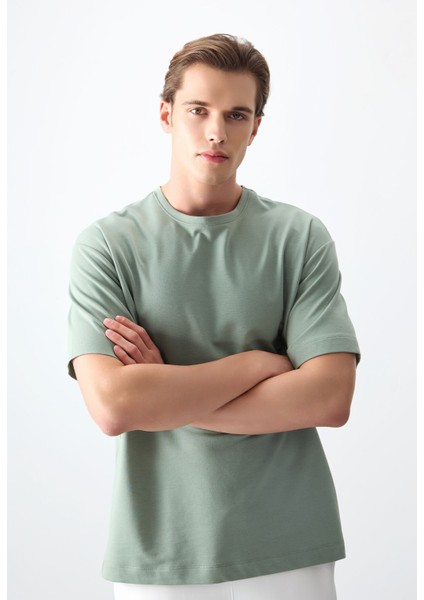 Açık Yeşil Pamuklu Kalın Yumuşak Dokulu Oversize Fit Basic Erkek T-Shirt - 88377