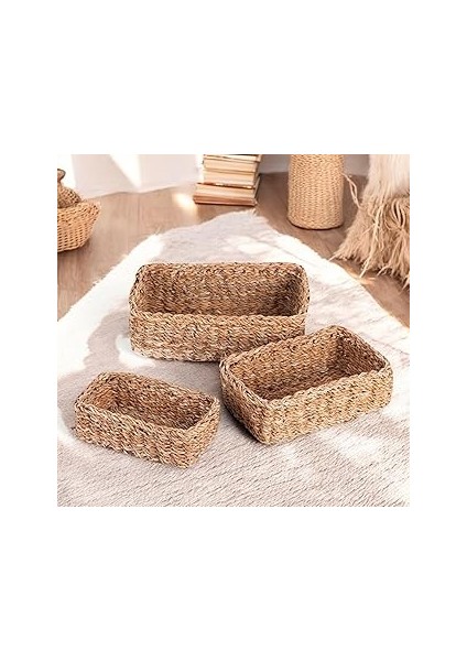 Deconox 3'lü Rustik El Yapımı Doğal Dikdörtgen Hasır Düzenleyici Seti | 3'lü Hasır Dikdörtgen Organ