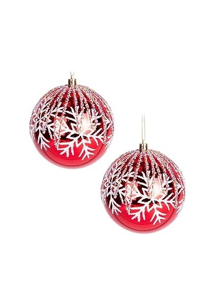 Herdekora Yılbaşı Topu Renkli Pullu Beyaz Kar Taneli 2'li Paket Kırmızı 10 Cm.