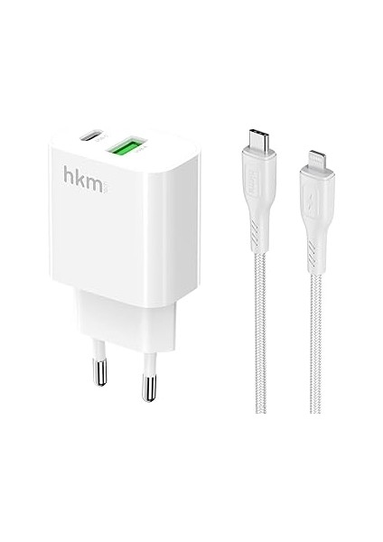 Hkm Bolt Duo 20W Usb-A ve Type-C Çift Portlu Hızlı Şarj Aleti, Kablo ve Adaptör Seti