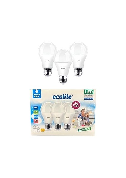 Ecolite 12W LED Ampul 3’lü Paket | 1521 Lümen, 6500K Beyaz Işık, 100W Eşdeğer, E27 Duy, Enerji Tasa