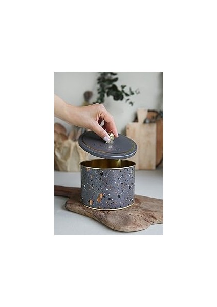 Evle-Metal Çok Amaçlı Dokulu Saklama Kabı, Dekoratif Saklama Kutusu 14 Cm, Terrazo (Terrazzo Brown)