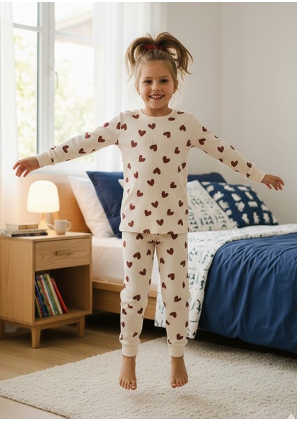 Kız Çocuk Kalp Desenli %100 Pamuk Fitilli Interlok Manşetli Uzun Kollu Pijama Takımı