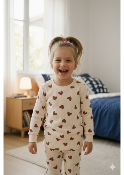 Kız Çocuk Kalp Desenli %100 Pamuk Fitilli Interlok Manşetli Uzun Kollu Pijama Takımı modelleri