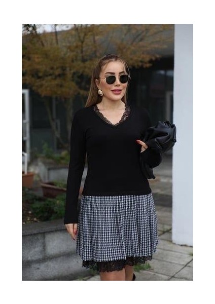 Kadın Uzun Kollu Denteli Yaka Ekose Etek Detay Diz Üstü Elbise