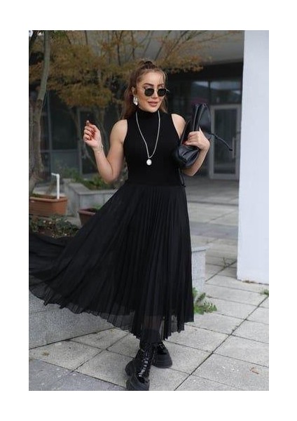 Kadın Triko Plise ve Tül Detay Iki Parça Elbise fırsatları