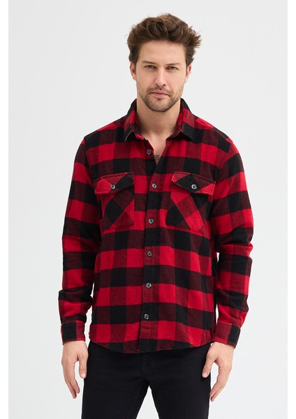 Çift Cep Kapaklı Ekoseli Flam Oduncu Erkek Gömlek