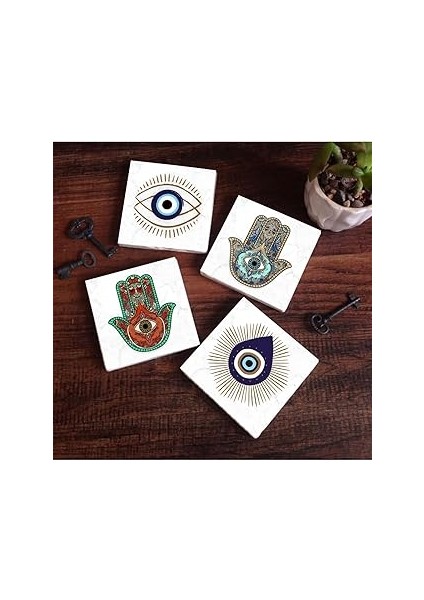 Pinecone Stone Nazar, Fatma Ana Eli (Hamsa) Taş Bardak Altlığı Seti - 4 Parça - Dekoratif, Rustik M
