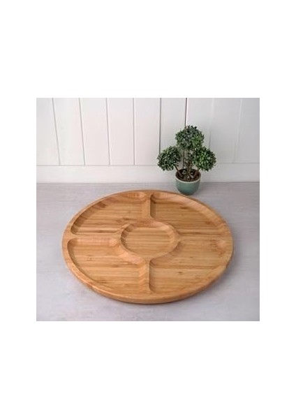 Deconox 5 Bölmeli Bambu Kahvaltı ve Çerez Servis Tabağı, 30X30 cm Doğal Bambu Sunum Tabağı