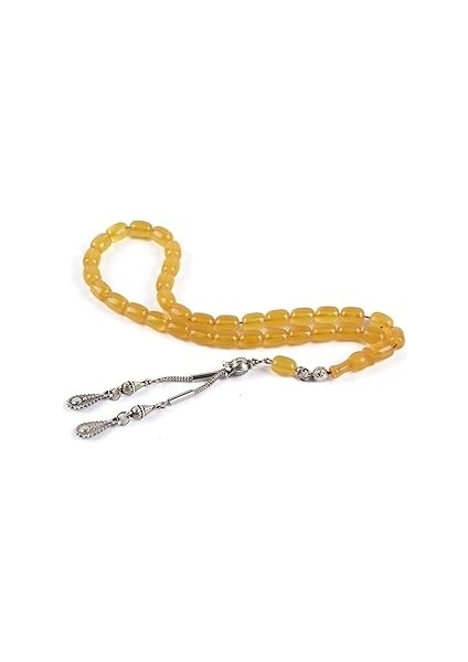 Sıkma Serisi Sarı Kehribar Tesbih Metal Püsküllü Tesbih Kapsül Kesim