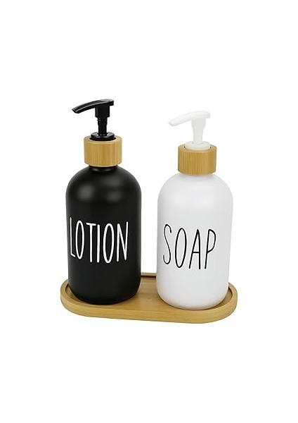 Suwors 2’li Cam Sıvı Sabunluk ve Losyonluk Seti | 500 ml Siyah & Beyaz Boyalı Cam | Bambu Kapak ve