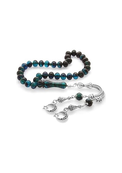 (Tesbihane) Kararmaz Metal Ayyıldız Püsküllü Tekerlek Kesim Süzme Turkuaz-Siyah Ateş Kehribar Tesbi