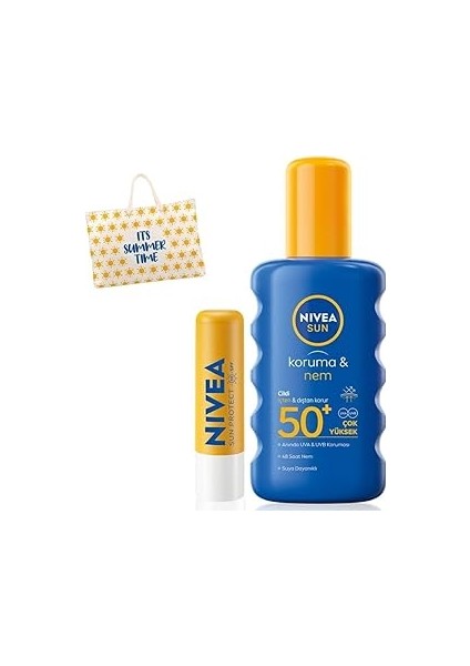 Sun Koruma ve Nem Vücut Spreyi 200ML ve Yüksek Güneş Korumalı Dudak Bakım Kremi, SPF50, Çanta